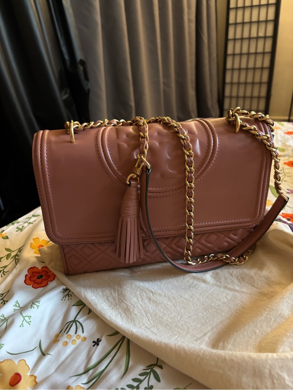 Tory Burch Mauve Pink Leather Chain Shoulder Bag with Tassel
